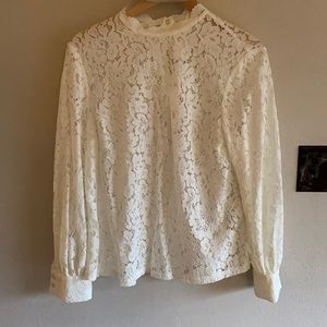 Lace top with snap neck and wrist enclosures. Cute for holiday parties or work.